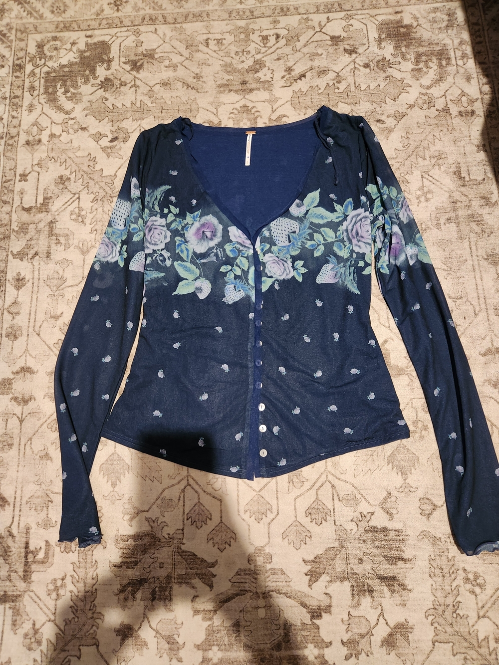 Free People Navy Floral-Print Button Down Top